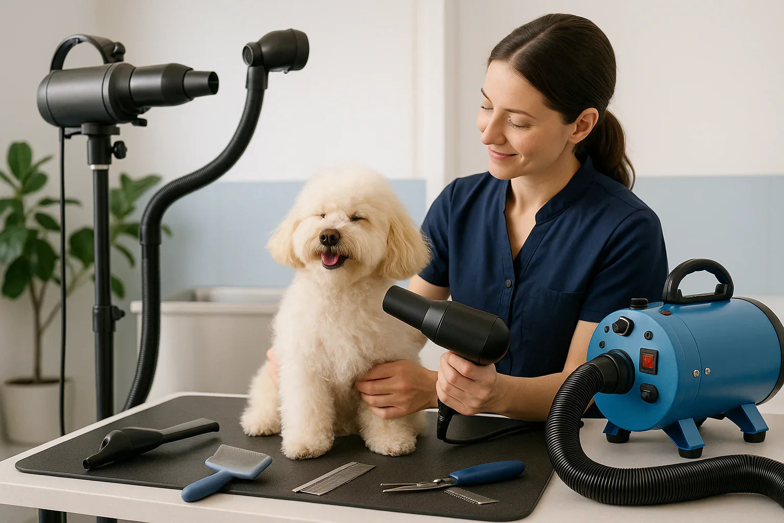 Woman grooming a happy fluffy dog with a pet hairdryer on grooming table with tools