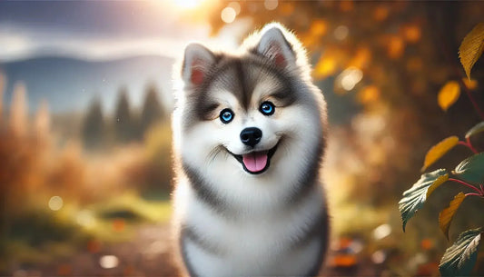 Happy Pomsky puppy with blue eyes in autumn outdoor setting with golden leaves