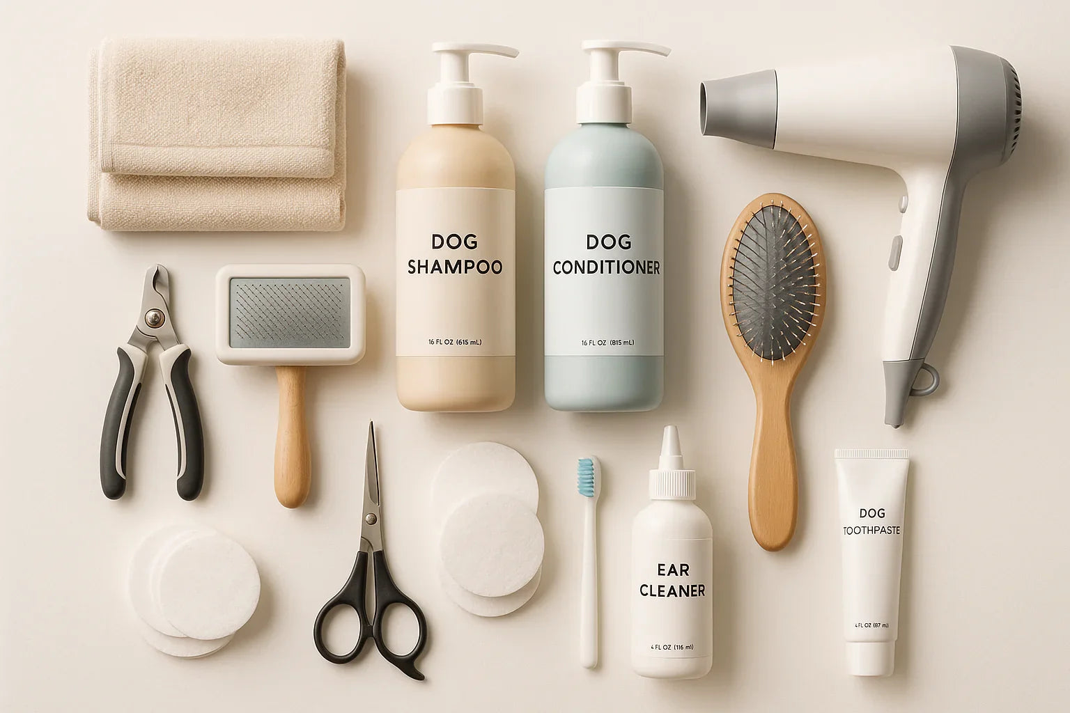 Dog grooming kit essentials on beige background with shampoo, conditioner, brushes, scissors, dryer