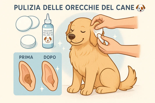 Illustration showing dog ear cleaning with cotton pads and ear cleaning solution, before and after comparison