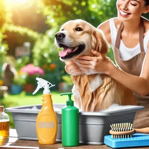 Smiling woman bathing golden retriever dog in outdoor tub with pet shampoo and grooming brush
