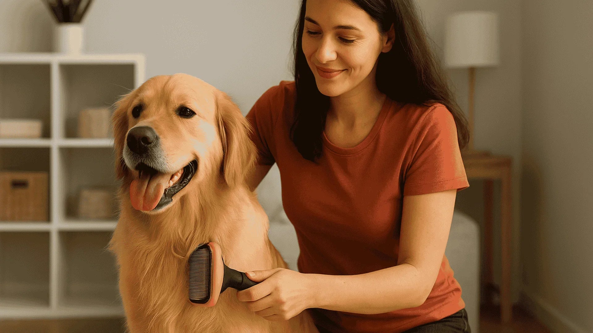 Smiling woman brushing a golden retriever with a pet grooming brush indoors