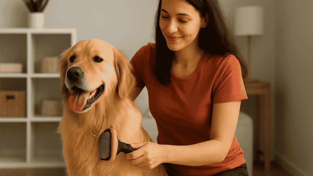 Donna che spazzola un Golden Retriever con una spazzola professionale per cani in casa, cura del pelo e benessere animale.