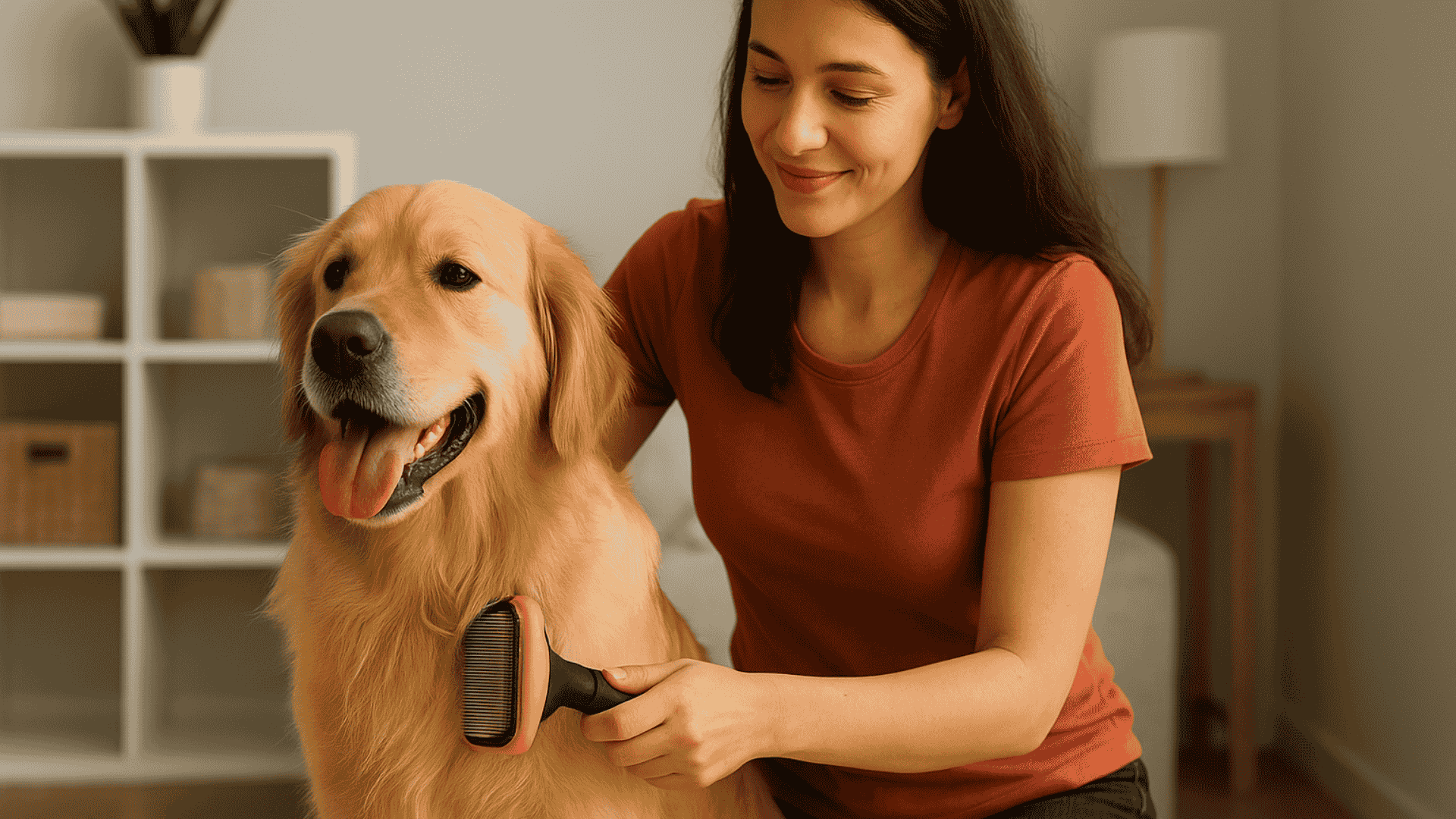 Donna che spazzola un Golden Retriever con una spazzola professionale per cani in casa, cura del pelo e benessere animale.