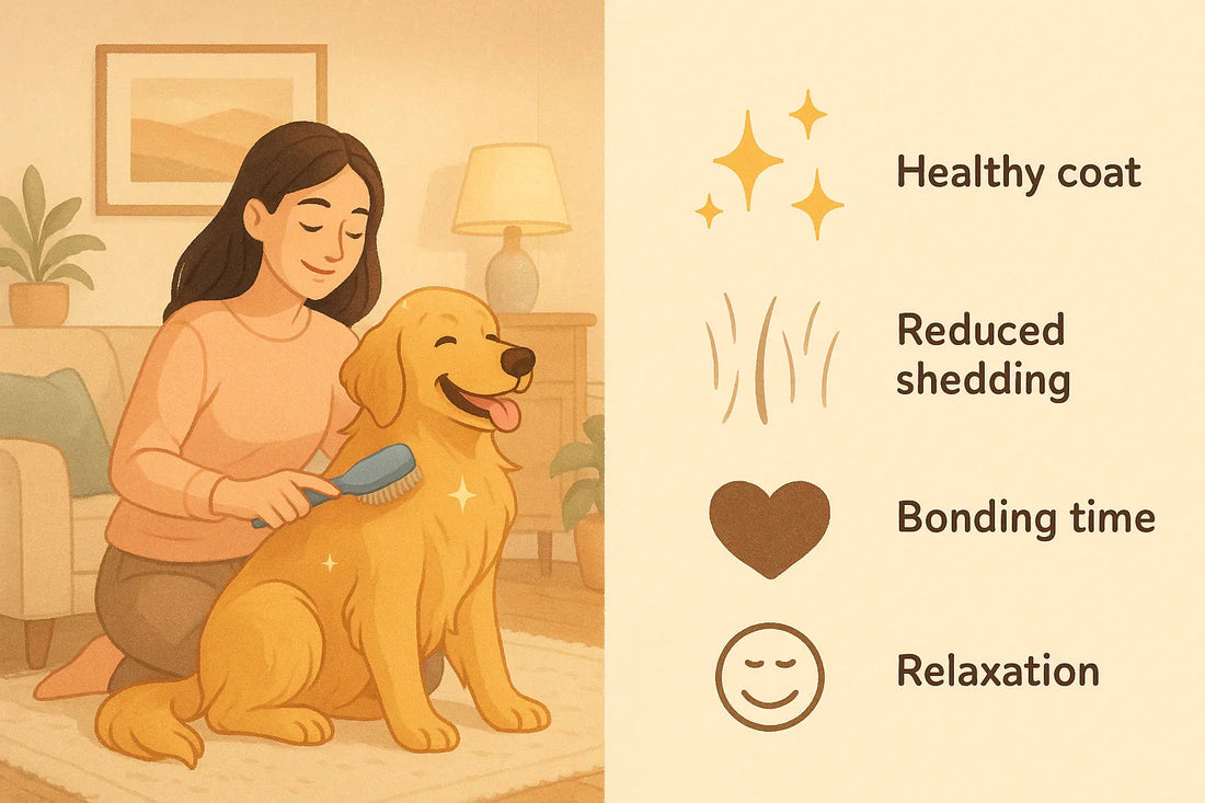 Woman brushing a happy golden retriever dog indoors promoting healthy coat, reduced shedding, bonding, and relaxation