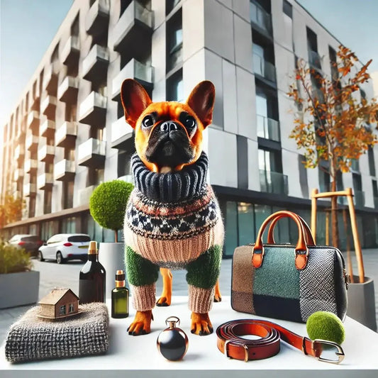 French bulldog in a colorful knit sweater on urban table with handbag, belt, and grooming products