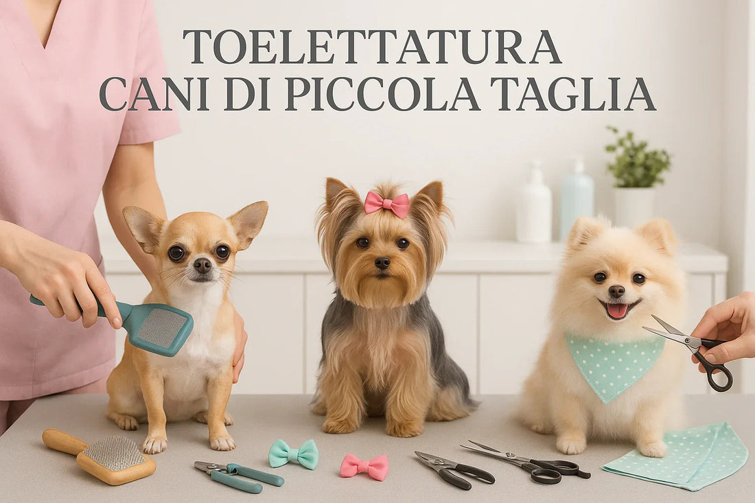 Three small dogs being groomed with brushes, scissors, and bows on a grooming table with text in Italian about small dog grooming