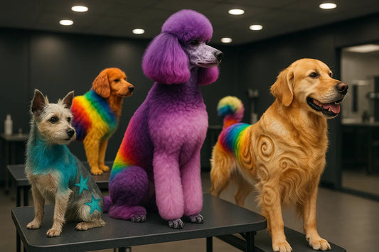 Four creatively groomed and dyed dogs in a grooming salon with rainbow and star patterns