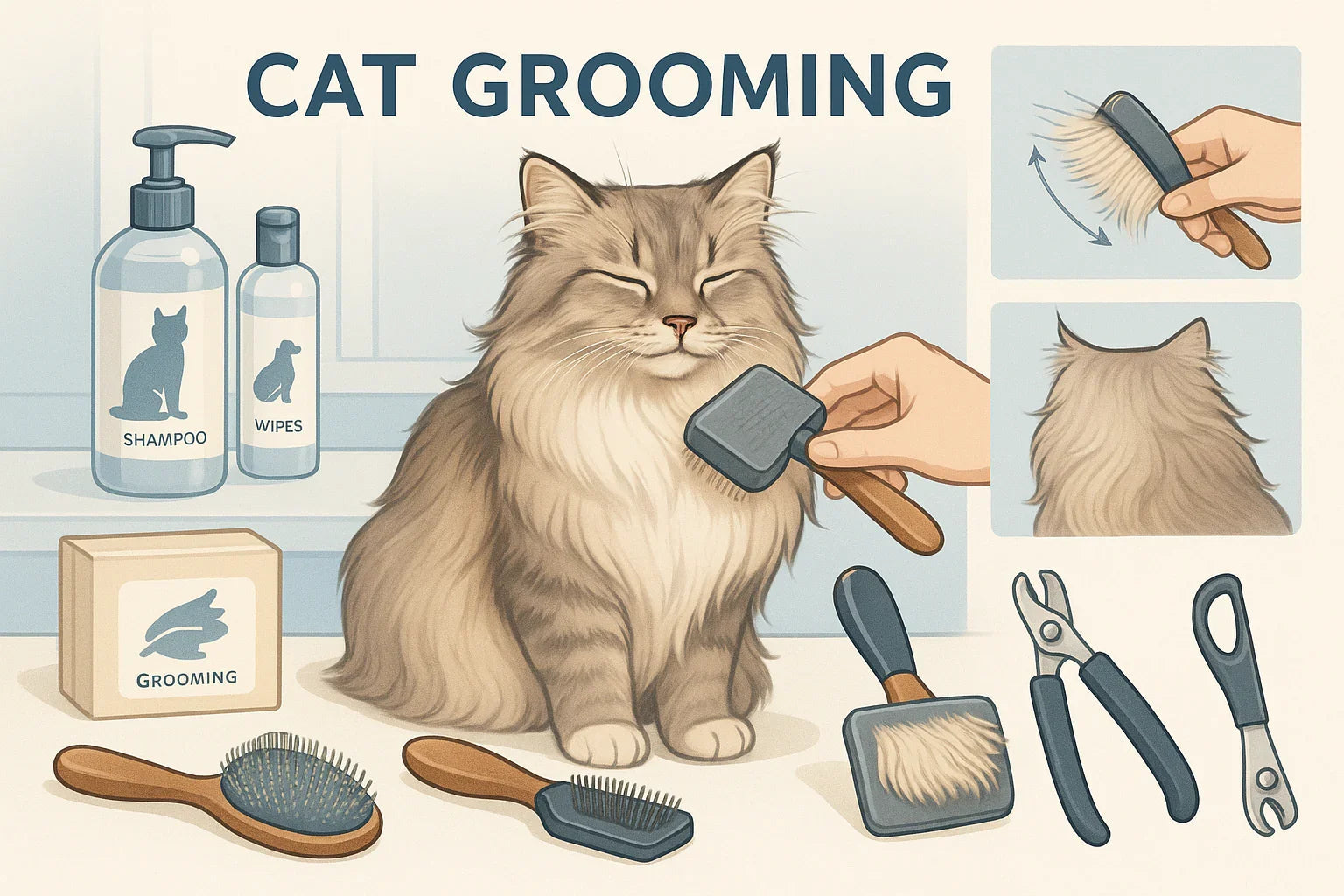 Long-haired cat being brushed with grooming tools, shampoo, wipes, and nail clippers.