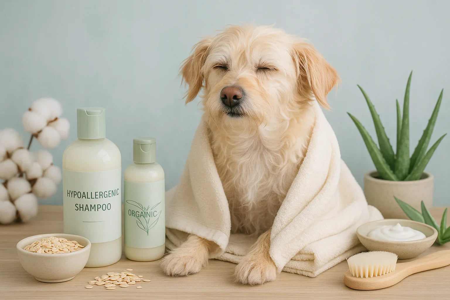 Small light brown dog wrapped in a cream towel with hypoallergenic shampoo and organic pet care items