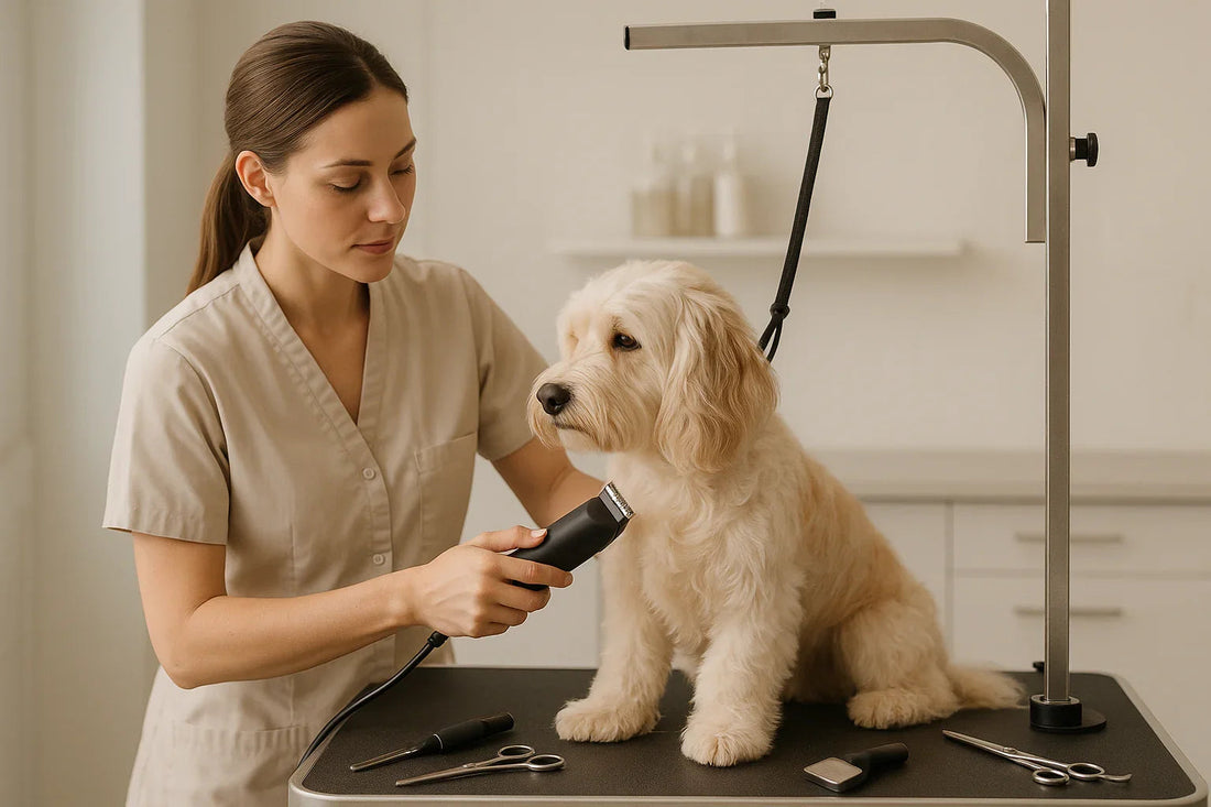 Professional dog groomer trimming fluffy dog fur with clippers in grooming salon