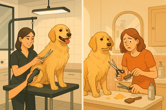Split image showing professional dog grooming with happy golden retriever and frustrated owner grooming at home