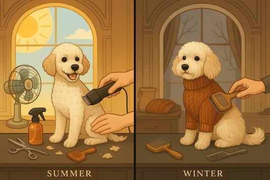 Illustration showing seasonal pet grooming: a dog being trimmed in summer with fan and clippers, and brushed in winter wearing a sweater indoors