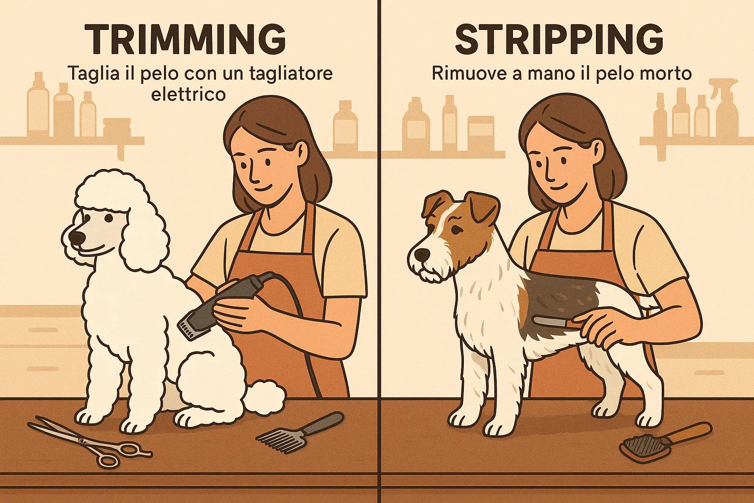 Illustration comparing dog grooming trimming with clippers on a poodle and stripping with a hand tool on a terrier