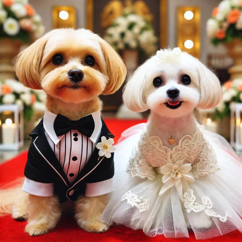 Two small dogs dressed in elegant wedding attire on a red carpet with floral decorations