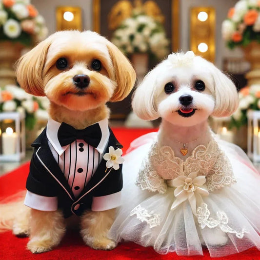 Two small dogs dressed in elegant wedding attire on a red carpet with floral decorations