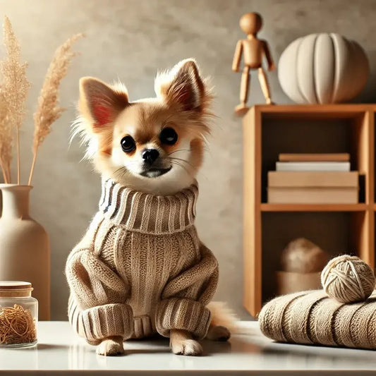 Chihuahua dog wearing a beige knitted sweater sitting on a table with cozy autumn decor