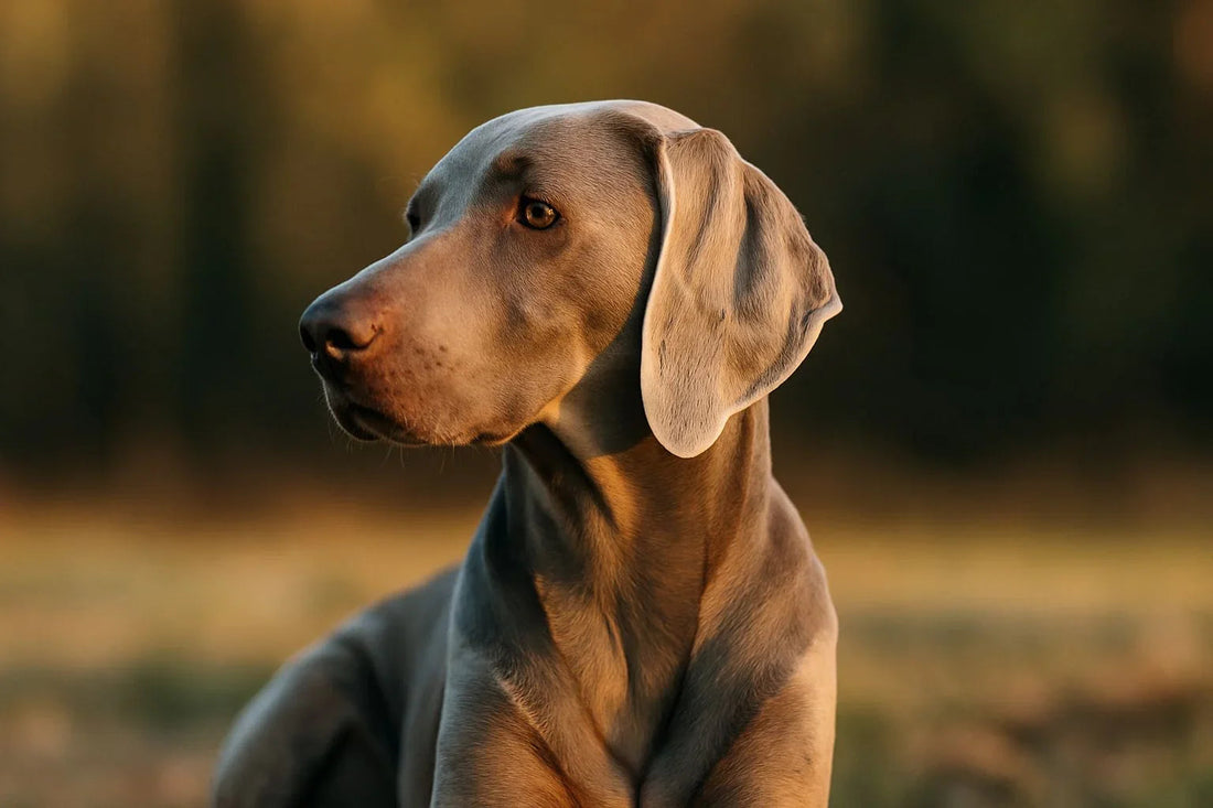portrait of a Weimaraner dog with sleek silver-gray coat in natural outdoor setting at sunset