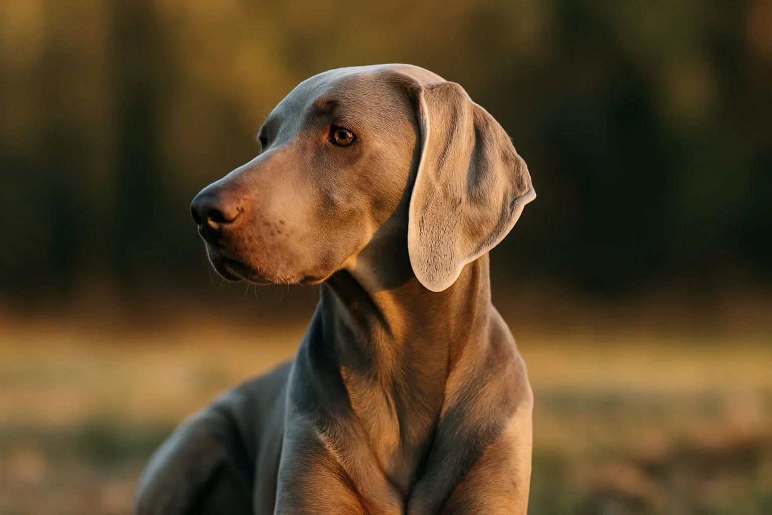portrait of a Weimaraner dog with sleek silver-gray coat in natural outdoor setting at sunset