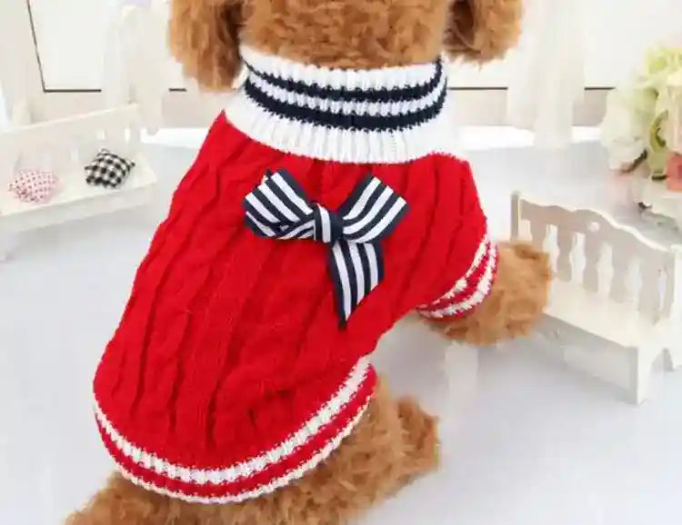 Barboncino con maglione rosso a trecce con fiocco a righe