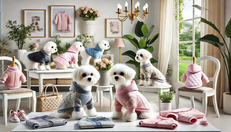 Cane Maltese che indossa cappotti, maglioncini e impermeabili di alta qualità in un ambiente elegante all'aperto. Abbigliamento su misura, confortevole e alla moda per il tuo piccolo amico.