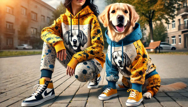 Felpe e maglioni matching per cane e padrone con design artistico a schizzi di colore, perfetti per passeggiate e momenti di relax all'aperto.