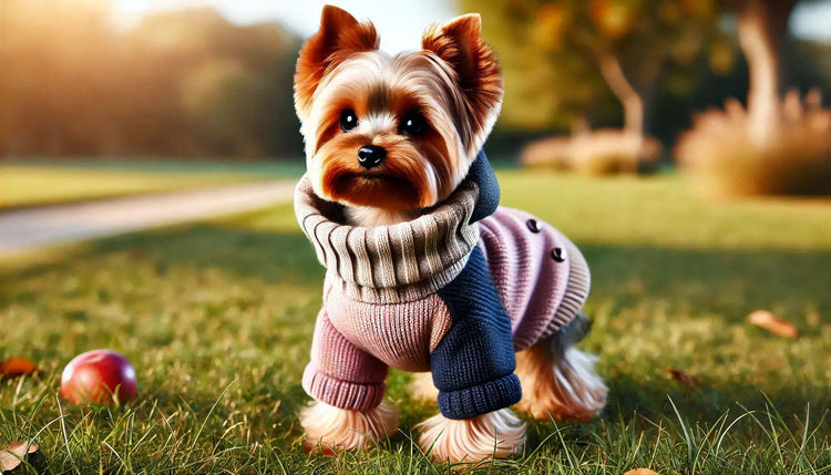  Yorkshire Terrier che indossa un cappotto elegante in un parco all'aperto. Abbigliamento confortevole e di tendenza per ogni occasione.