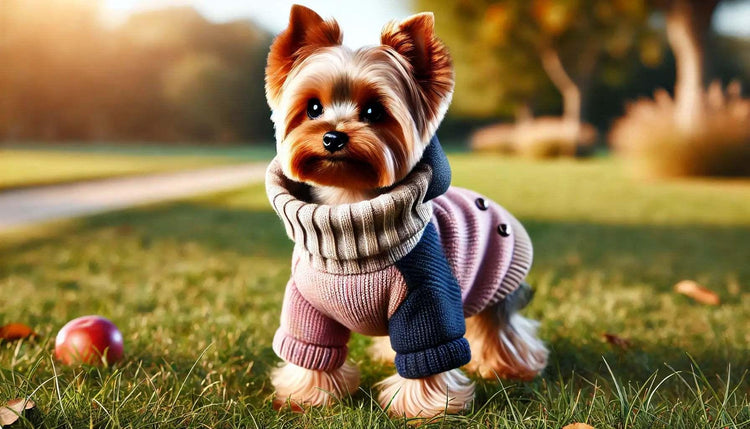  Yorkshire Terrier che indossa un cappotto elegante in un parco all'aperto. Abbigliamento confortevole e di tendenza per ogni occasione.