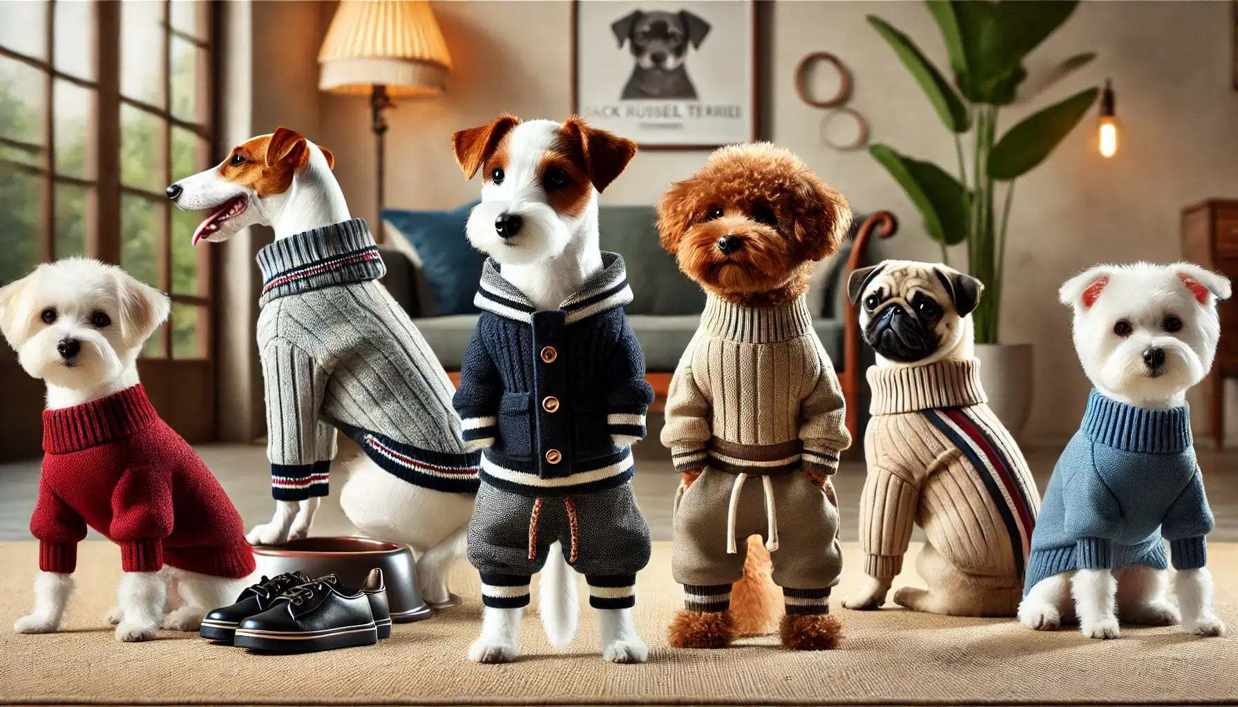  Jack Russell Terrier, Barboncino Toy e Carlino con cappotti e accessori di alta qualità in un ambiente accogliente. Abbigliamento trendy e confortevole.