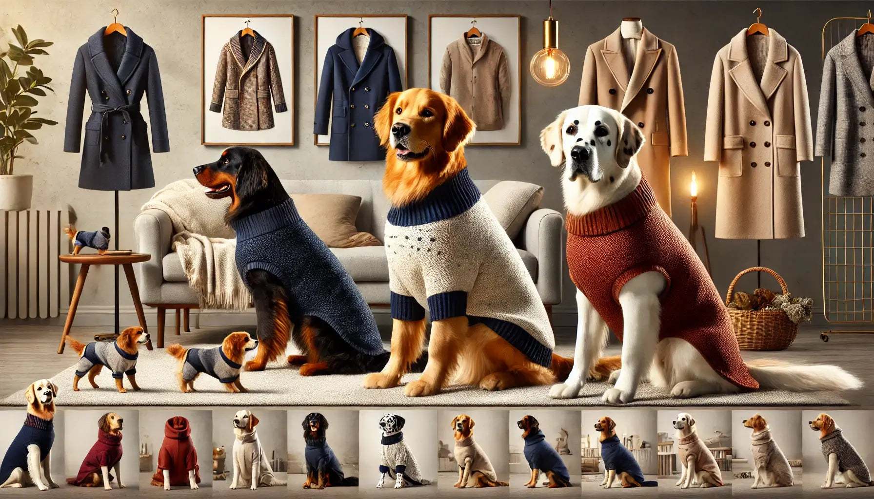 Golden Retriever, Dalmata e Setter Inglese con cappotti e accessori eleganti in un ambiente all'aperto. Abbigliamento resistente e confortevole.