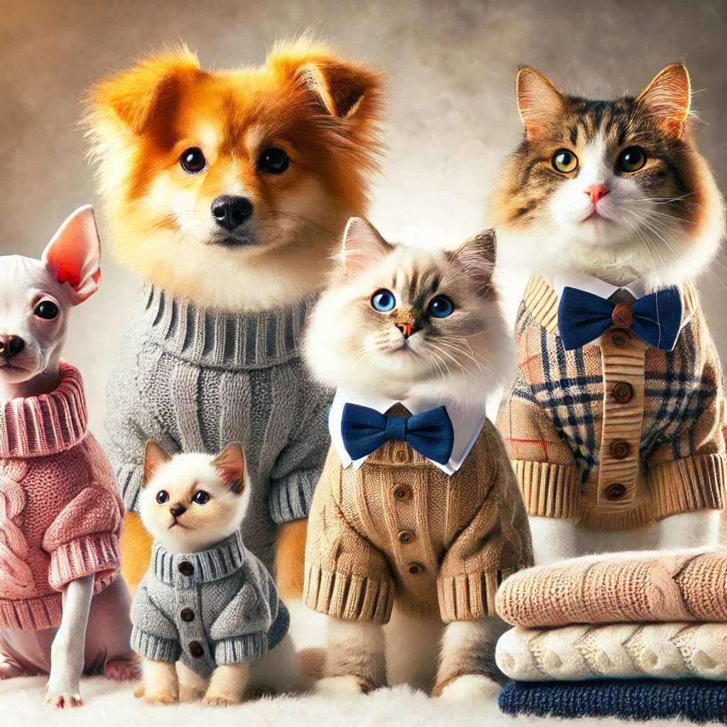 Cute dogs and cats wearing stylish knitted sweaters and bow ties with folded sweaters stack