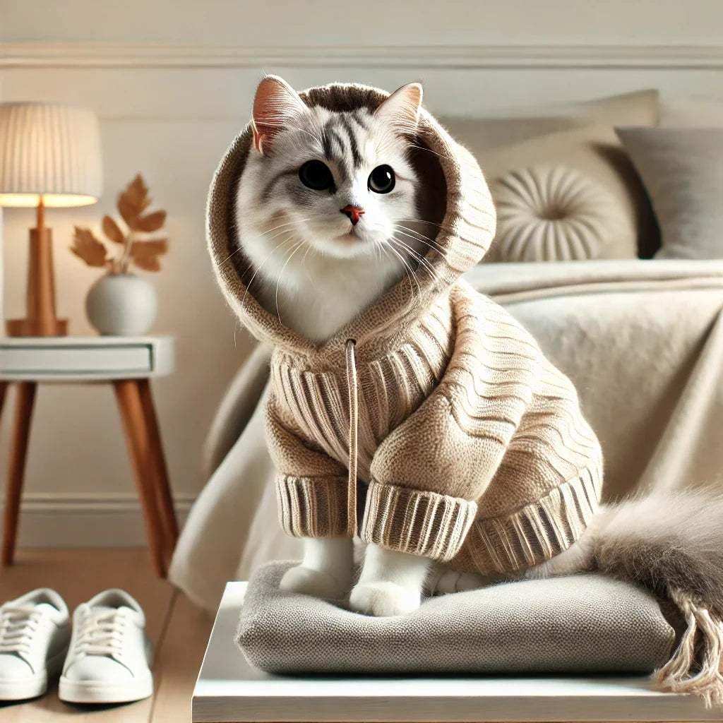 White and gray cat wearing beige knitted hoodie sitting on folded blanket in cozy modern bedroom