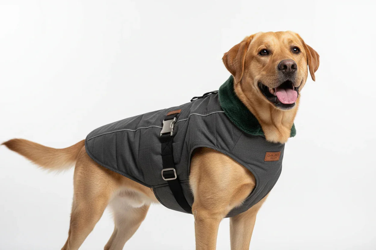 Happy Labrador Retriever wearing gray dog coat with green collar and buckle harness on white background