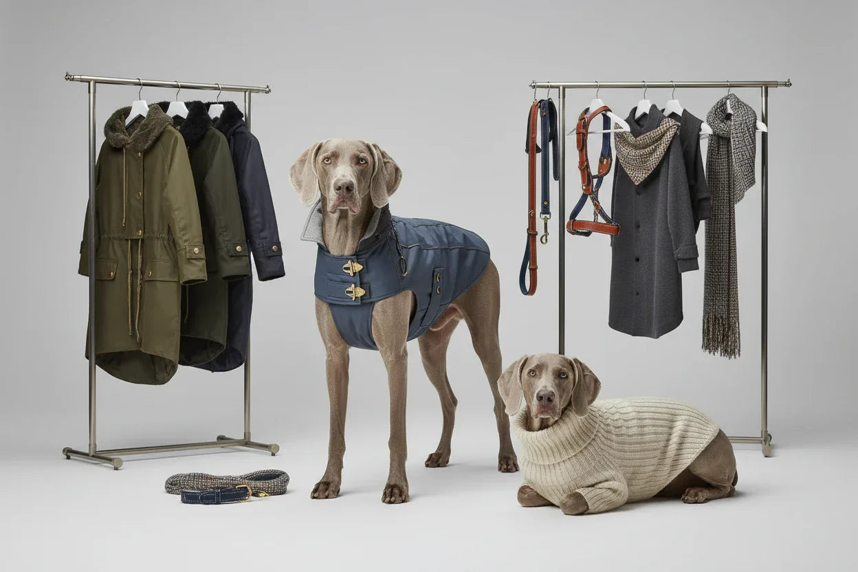 Two Weimaraner dogs wearing stylish coats amid racks of winter apparel and dog accessories