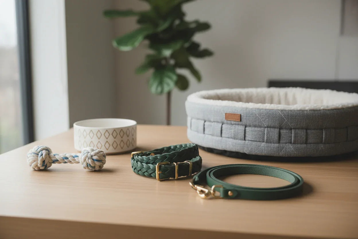 Gray plush dog bed, ceramic bowl, rope toy, green braided collar, and matching leash on wooden table