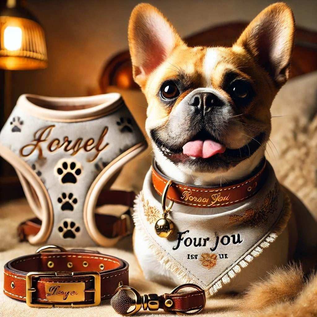 French Bulldog wearing custom brown leather collar and white bandana with accessories displayed