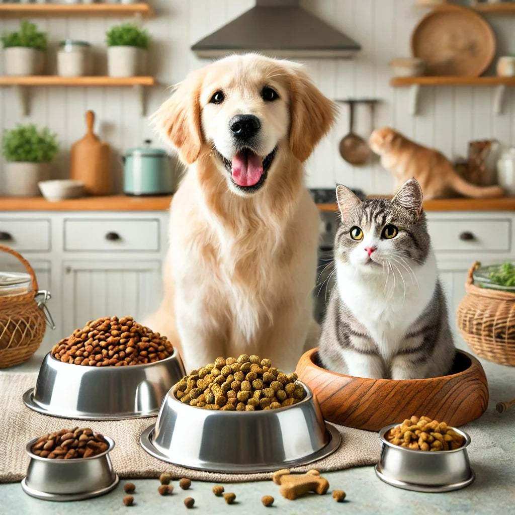 Golden retriever dog and tabby cat with bowls of dry pet food in a cozy kitchen setting