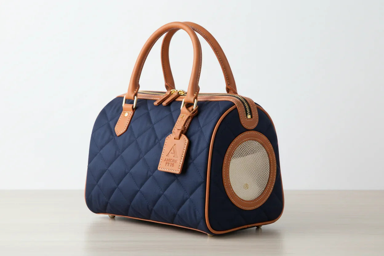 Navy blue quilted pet carrier handbag with tan leather handles and mesh ventilation window