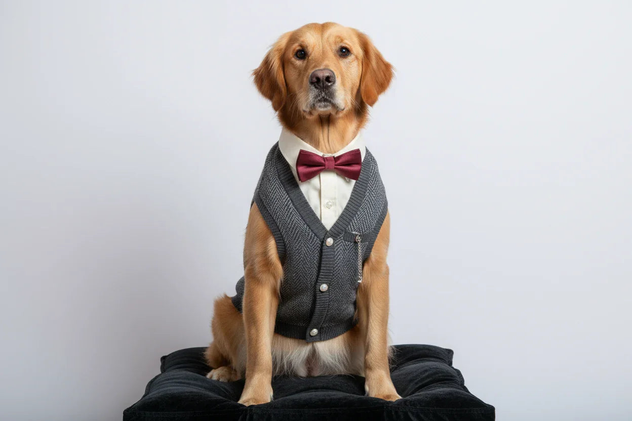 Golden retriever dog wearing a gray sweater vest and red bow tie sitting on black cushion