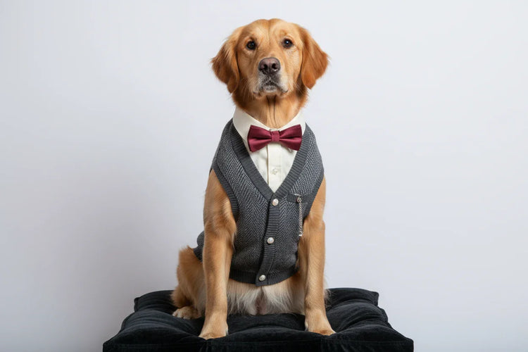 Golden retriever dog wearing a gray sweater vest and red bow tie sitting on black cushion