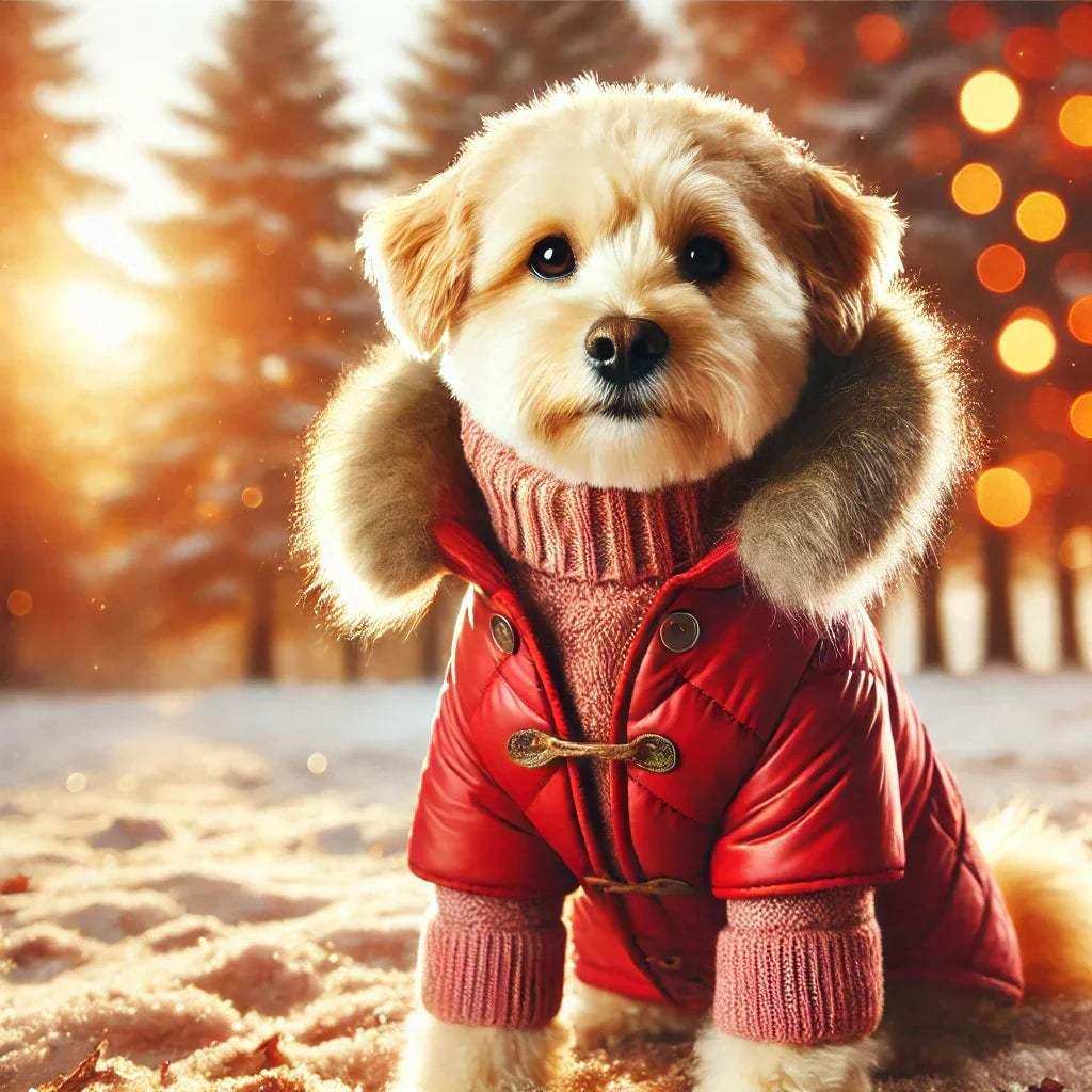 Small dog wearing cozy red winter coat with fur hood and pink sweater in snowy outdoor setting