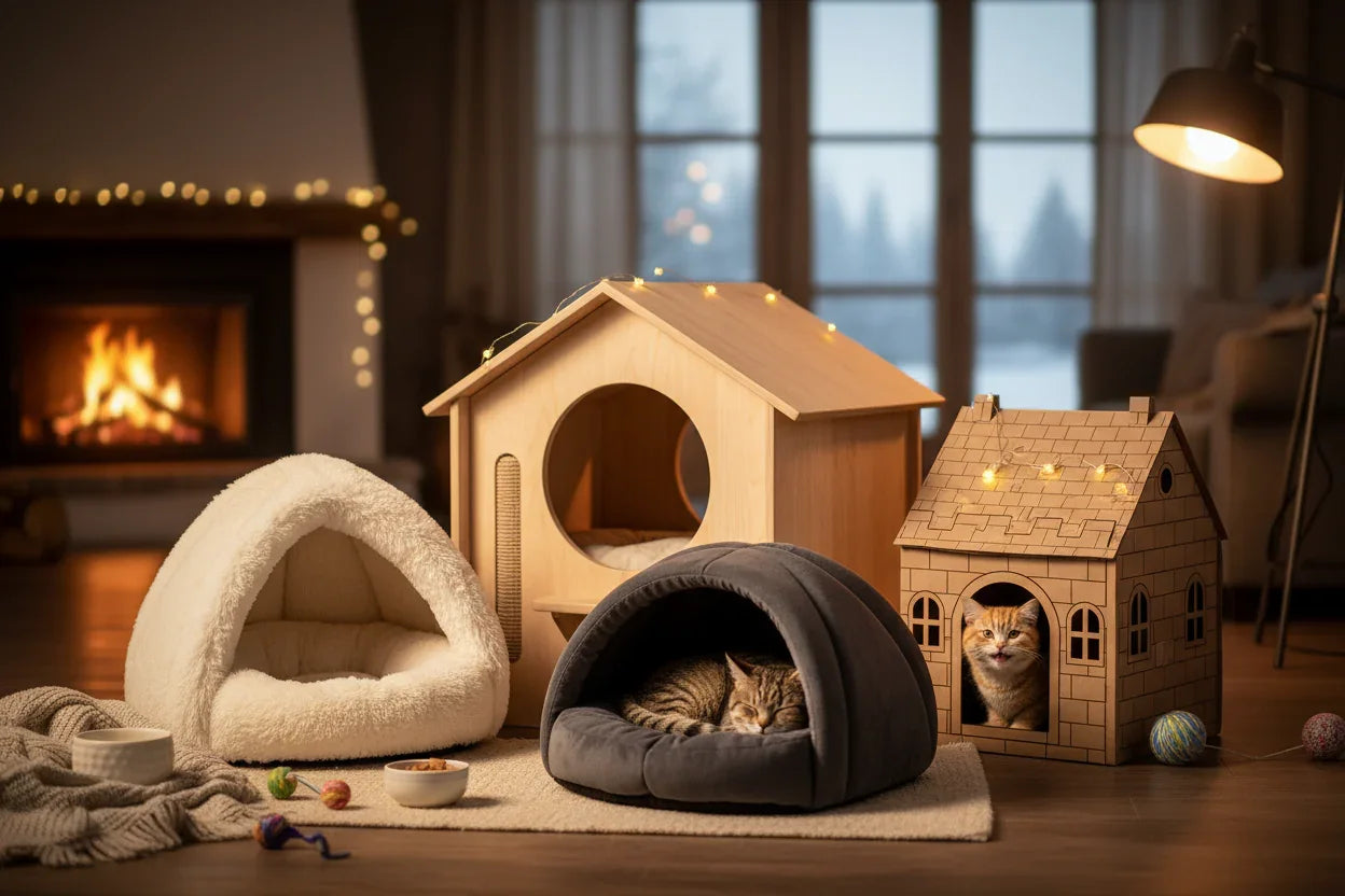 Cozy indoor cat beds and wooden cat houses with two cats, fireplace and warm lighting in background