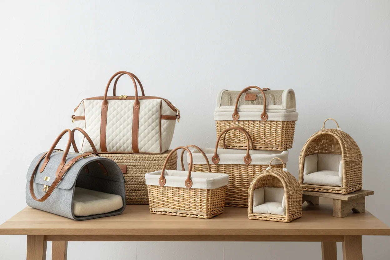 Collection of woven pet carriers and cozy pet beds in natural tones on wooden table