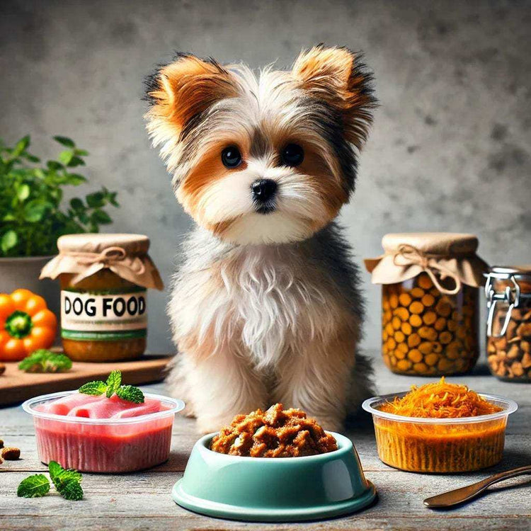 Cute small dog sitting behind bowls of wet dog food and jars of dry dog food on wooden table