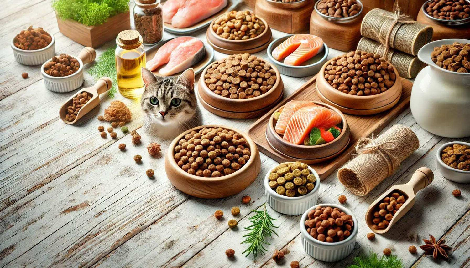 Gray tabby cat surrounded by bowls of dry cat food, salmon, herbs, and oil on wooden table