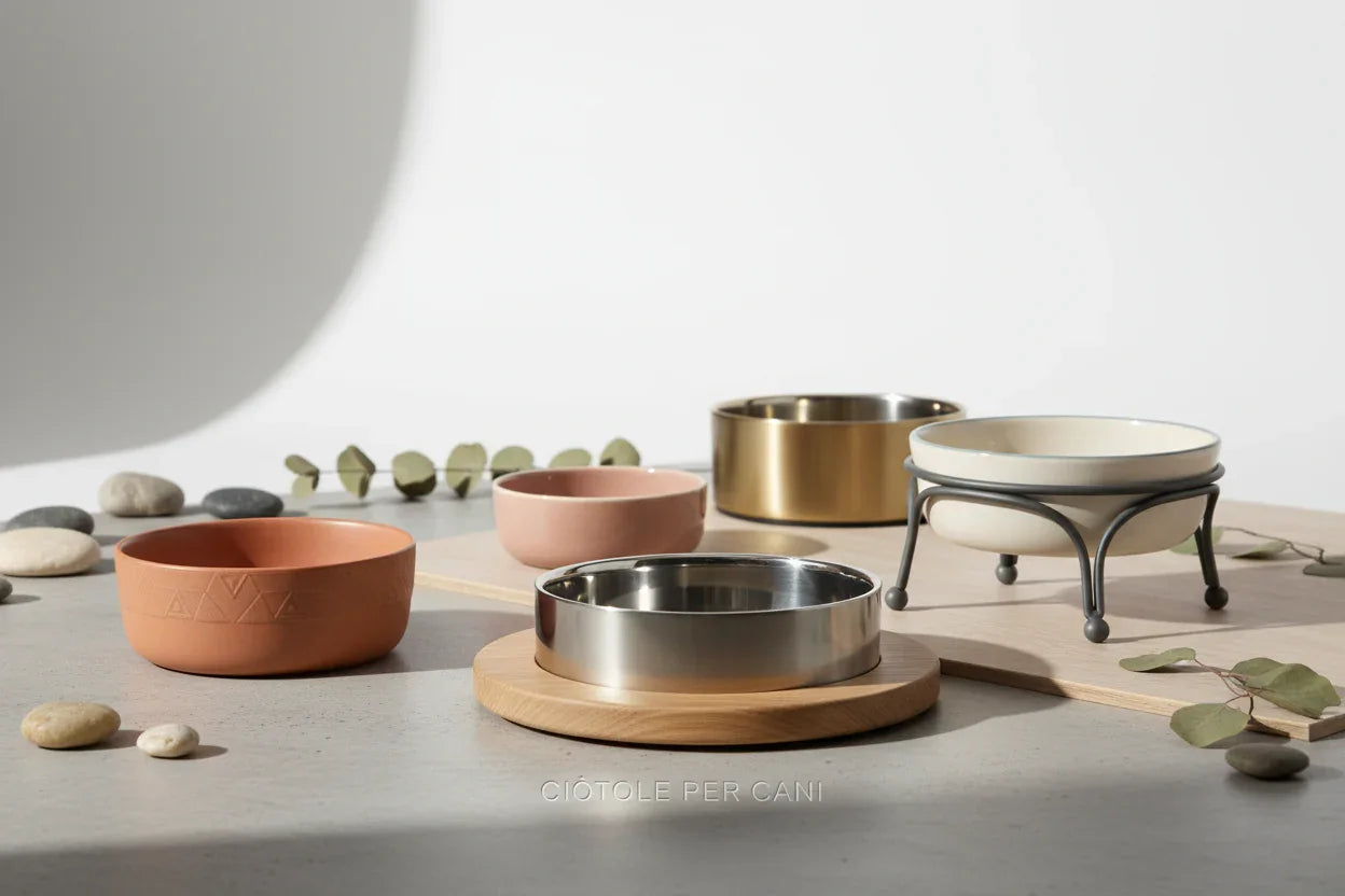 Modern stylish dog bowls in ceramic, stainless steel, and brass on a light surface with decorative stones