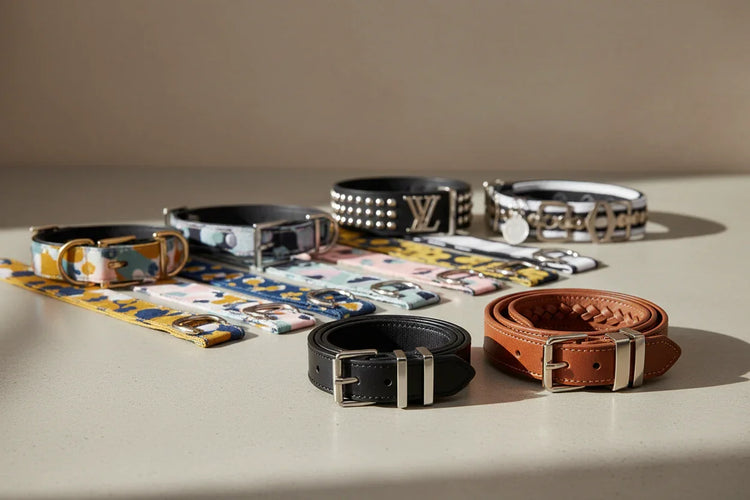 Assortment of colorful and leather dog collars with metal buckles displayed on a table