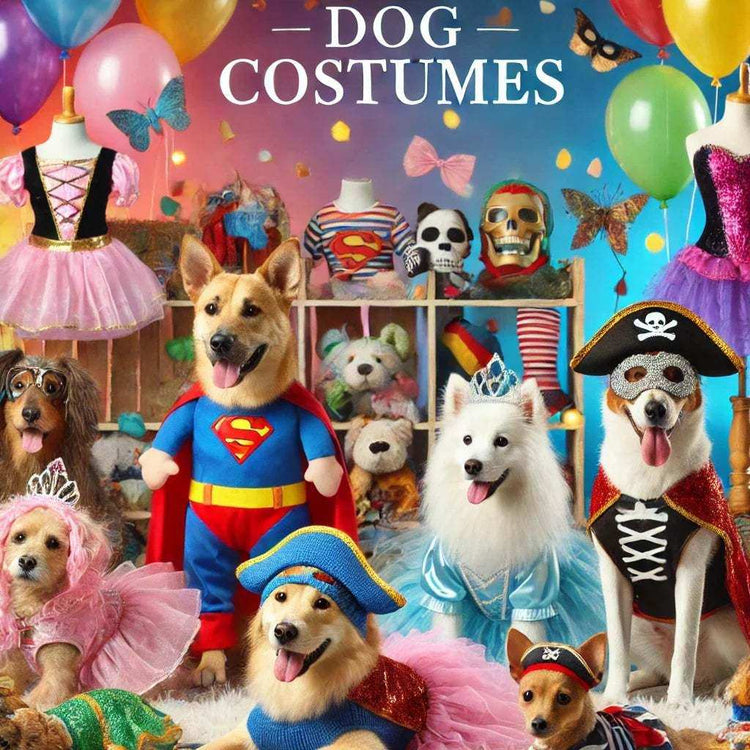 Group of dogs dressed in colorful superhero, pirate, princess, and ballerina costumes for dog costumes collection