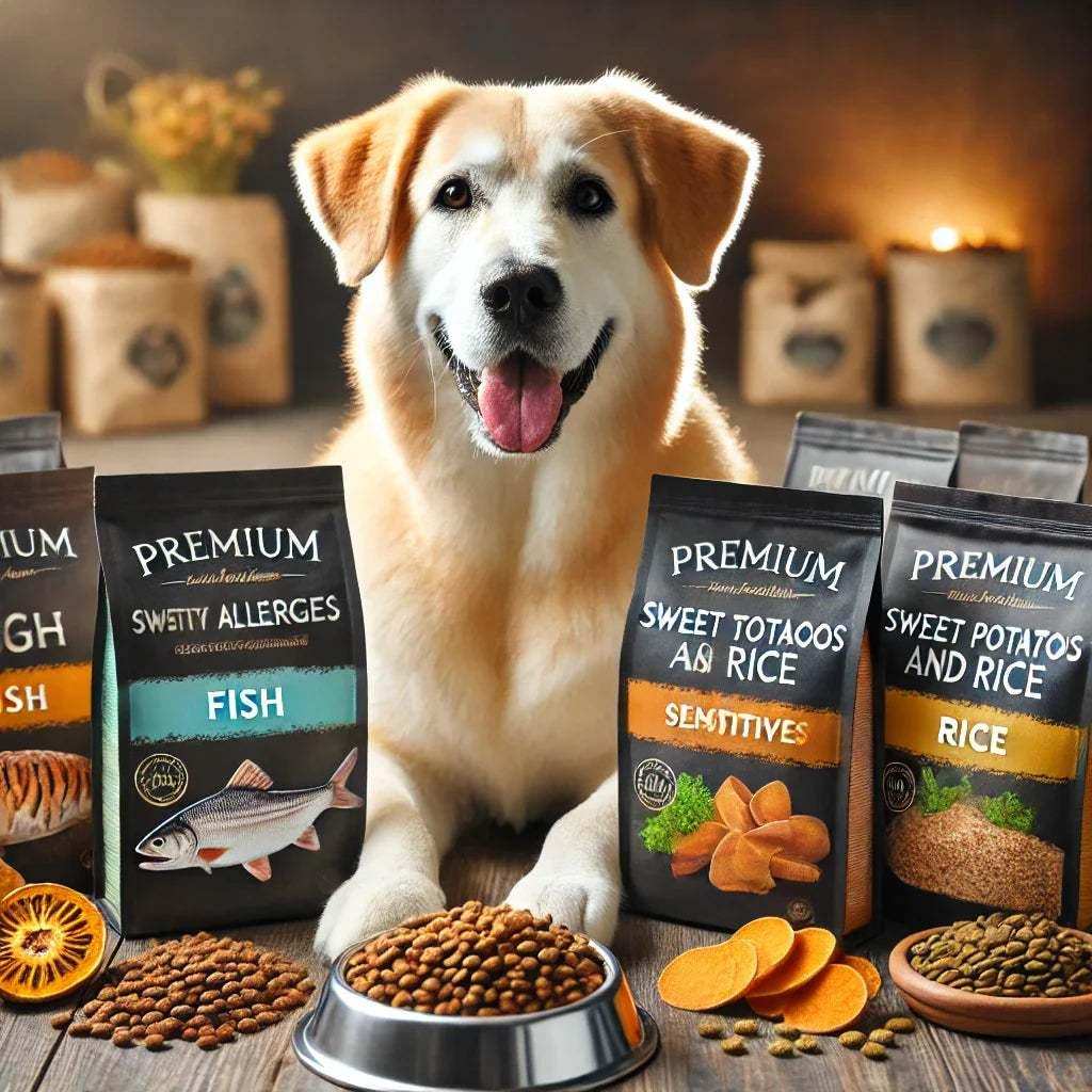 Happy dog sitting behind bowls and bags of premium dog food with fish, sweet potatoes, and rice flavors