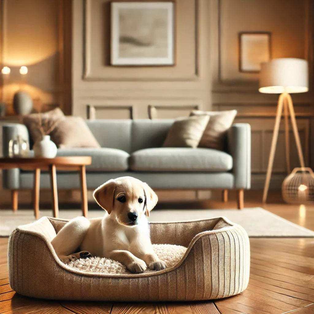 Labrador puppy lying on a beige dog bed in a stylish living room with modern sofa and lamp